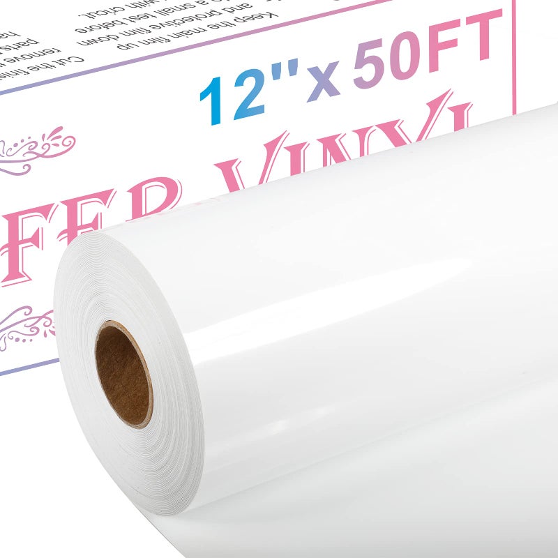 XSEINO Heat Transfer Vinyl Roll  12"" x 50FT White HTV Vinyl Roll with Teflon for Shirts  White Iron on Vinyl Roll for Cricut & Cameo  Easy to Cut for Heat Transfer Vinyl Design (White) - Image 1